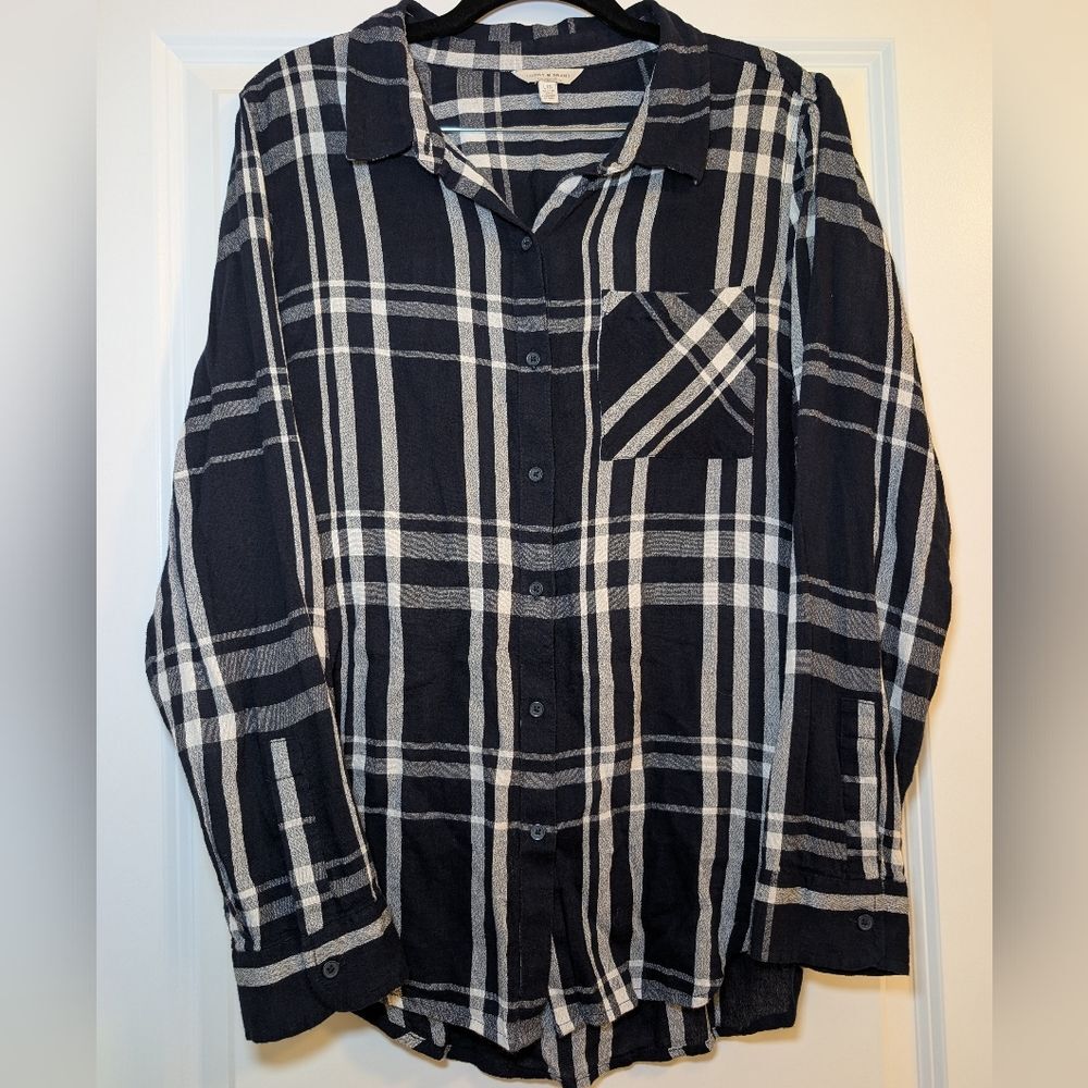 Plaid Dark Blue White Button Down Long Sleeve Top Lucky Brand Women's Size Large